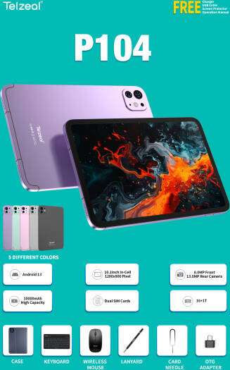 Telzeal P104 Tablet, 10.1" 1280x800 IPS Display, Octa-Core Processor, 16GB RAM, 1TB Storage, 8.0MP Front + 13.0MP Rear Camera, Dual SIM Cards, Android 13, 10000mAh, Puprle | P104