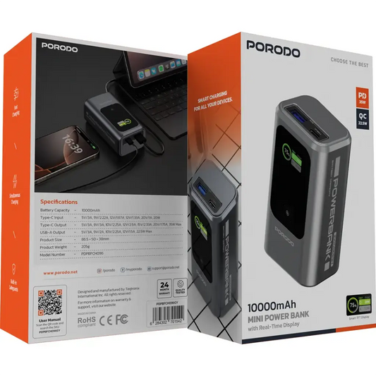 Porodo 10000mAh Mini Power Bank with Real-Time Display - Grey