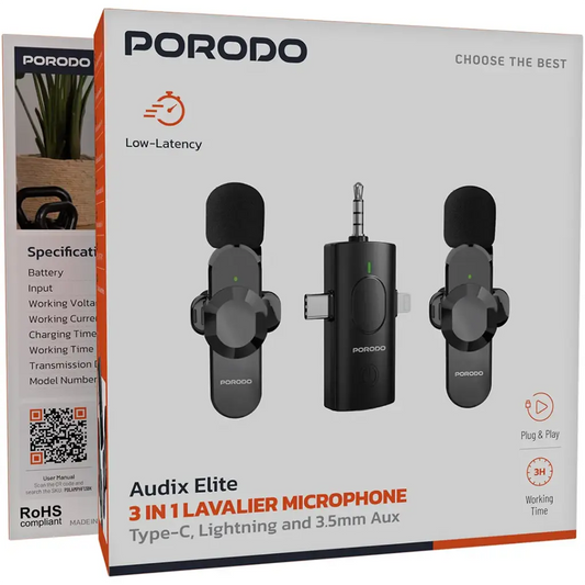 Porodo Audix Elite 3 In 1 Lavalier Microphone - Black