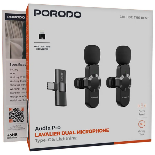 Porodo Audix Pro Lavalier Dual Microphone Type-C & Lightning - Black