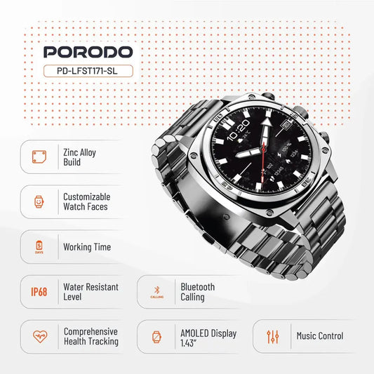 Porodo Chrono Steel Smart Watch - Silver