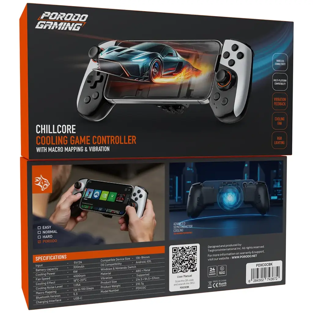 Porodo Gaming Chillcore Cooling Game Controller with Macro Mapping & Vibration - Black