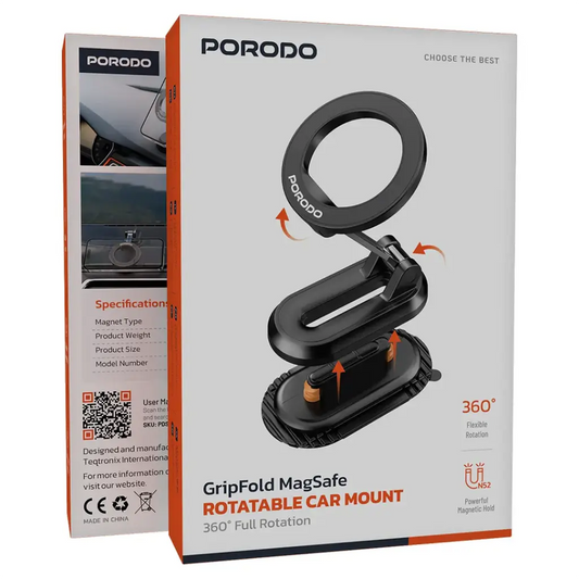 Porodo GripFold MagSafe Rotatable Car Mount 360° Full Rotation - Black
