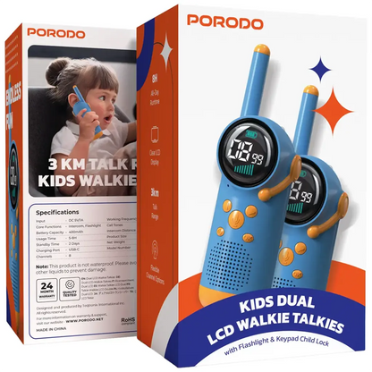 Porodo Kids Dual LCD Walkie Talkies with Flashlight & Keypad Child Lock