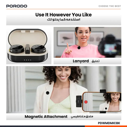 Porodo Professional Lavalier Microphones Type-C Connector With Lightning Adapter
