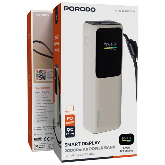 Porodo Smart Display 20000mAh Power Bank with Built-In Type-C Cable - Beige