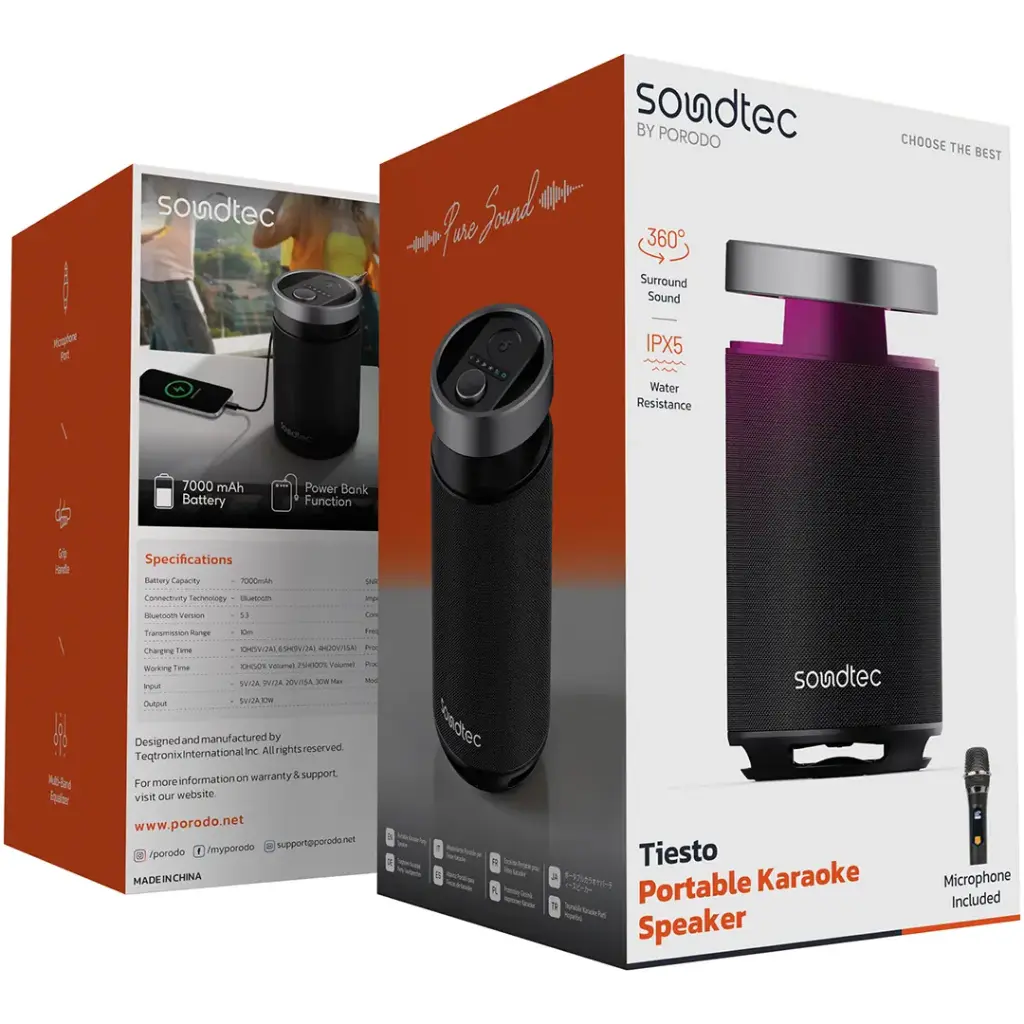 Porodo Soundtec Tiesto Portable Karaoke Speaker - Black