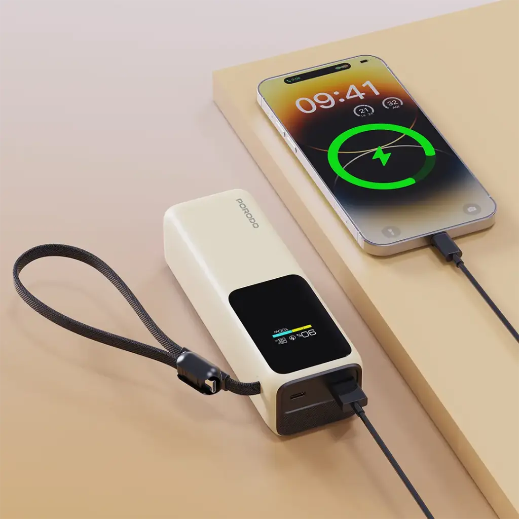 Porodo Smart Display 20000mAh Power Bank with Built-In Type-C Cable - Beige